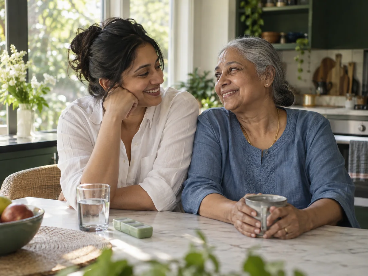A mother and her adult daughter sharing a quiet moment at their kitchen table.